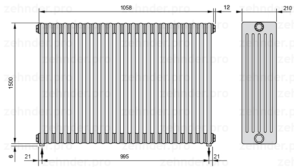 Схема (чертеж) Радиатор Zehnder Charleston 6150/23 №5310 Белый глянцевый RAL 9016